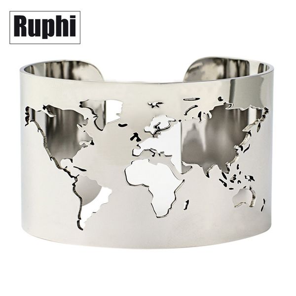 

world map cut-out cuff bangle bracelet travel peace jewelry stainless steel 40mm wide engraving fine polished circle angle mx190727, Black
