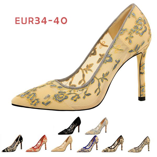 

8 colors new women lace pumps elegant pointed toe high heels stiletto party festival wedding shoes pumps for lady dress shoes, Black