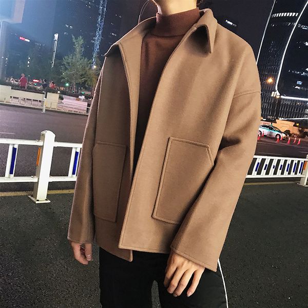 

2019 men's short woolen blends loose windbreaker cashmere wool trench pocket decoration jackets black/camel color coats m-2xl