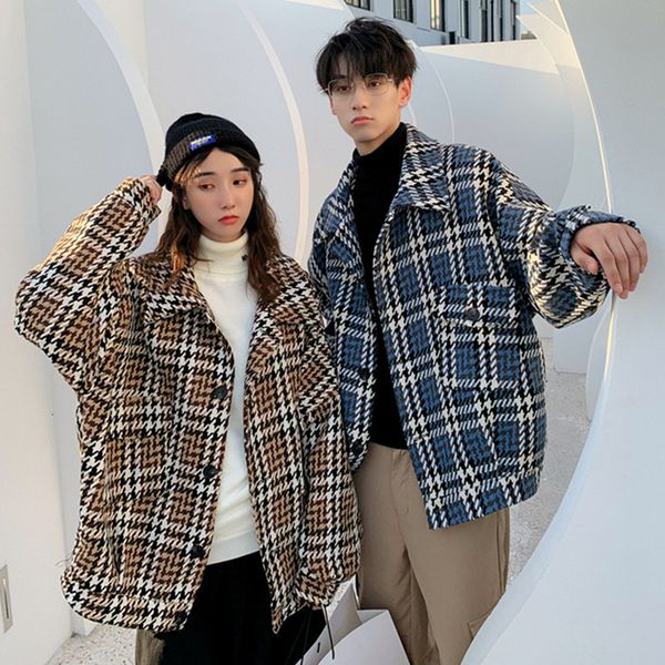 

winter tartan woolen coat men's fashion casual retro woolen jacket men streetwear loose couple jacket male overcoat, Black;brown