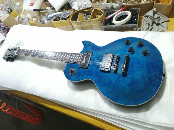

new fdlp-3067 transparent blue color solid body tiger stripes cover pearl inlay fretboard lp electric guitar ,ing