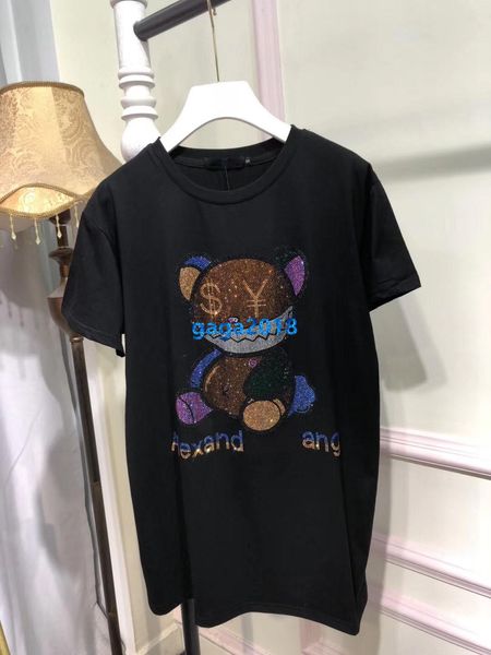 

high end женщины девушки футболка горячая бурение медведь письмо мотив круглый вырез с коротким рукавом блузка лето тройник модный дизайн ро, White