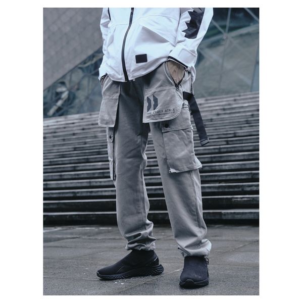 

workwear casual pants men's tide brand straight pants feet curl multi-pocket youth street sealed simple solid color men, Black