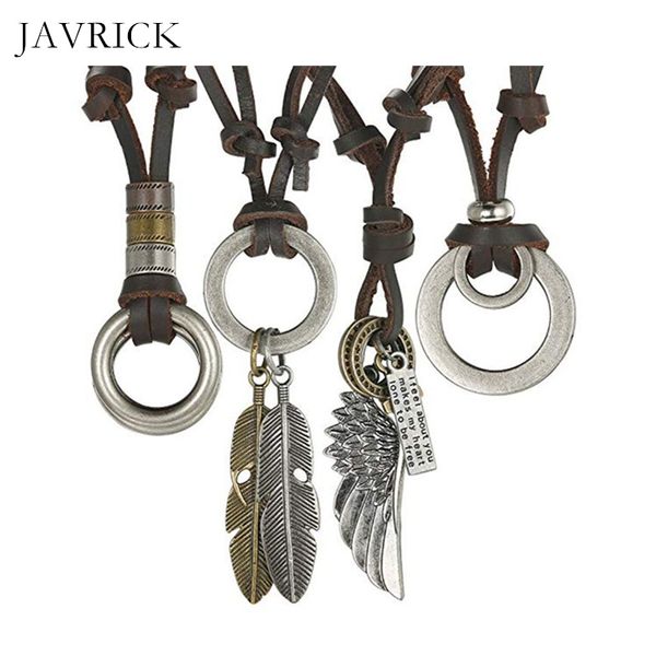 

4pcs handmade vintage brown genuine leather chain pendant necklaces adjustable personality neck decoration gift, Silver