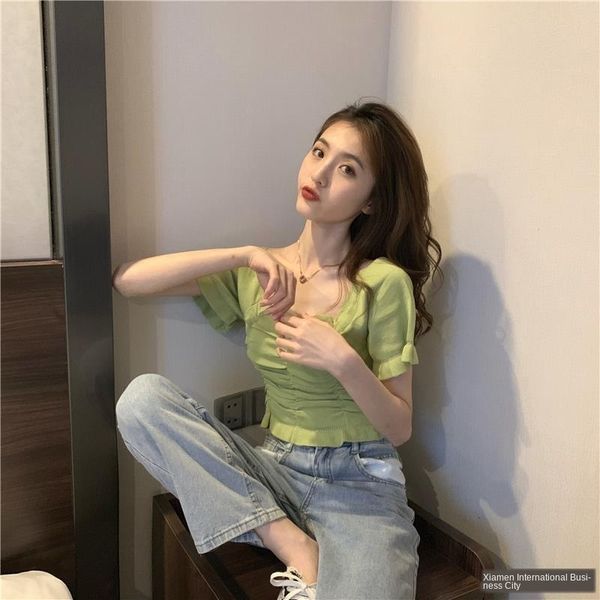 

t-shirt short-sleeved nationality ethnic group minority square collar female 2020 t-shirt female student knitted short french short-slee, White