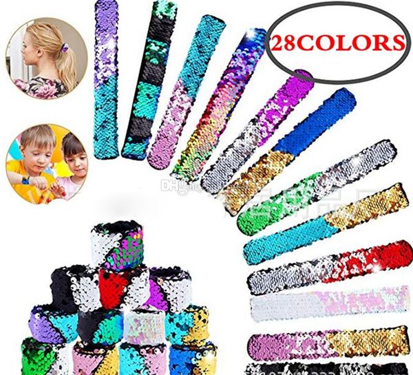 

baby designers slap bracelets mermaid sequin wristband double colors glitter slap bracelet kids party favors 28 designs optional fj356, Slivery;white