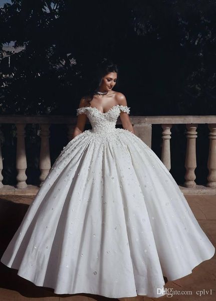 

white satin off shoulder ball gown full beads vintage african wedding dresses wedding dresses plus size 2019 new bridal gowns h014