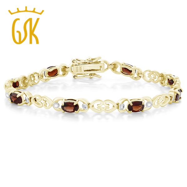 

gemstoneking 5.00 ct natural garnet bracelet for women 18k gold plated sterling silver bracelet with diamond accent, Golden;silver