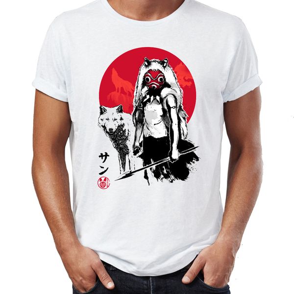 

summer men's t-shirt masked princess mononoke and moro the wolf awesome artwork drawing tshirt cool tees harajuku streetwear, White;black