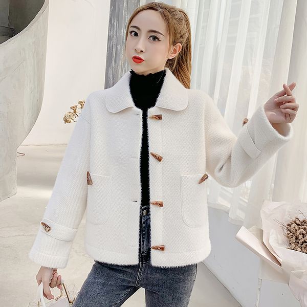 

2019 new women blends solid turn-down collar brief paragraph coat which imitated mink wool students coats outerwear, Black