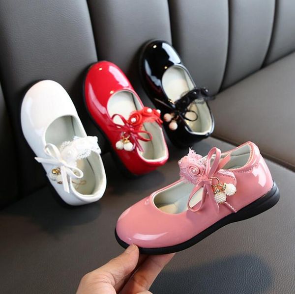 

flower girls shoes spring autumn princess lace pu leather shoes cute bowknot rhinestone for 3-11 ages toddler dance, Black;grey