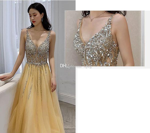 

2019 yellow evening dresses v neck illusion bodice sequins beaded tulle split backless berta prom dress evening party formal wear gowns, Black;red