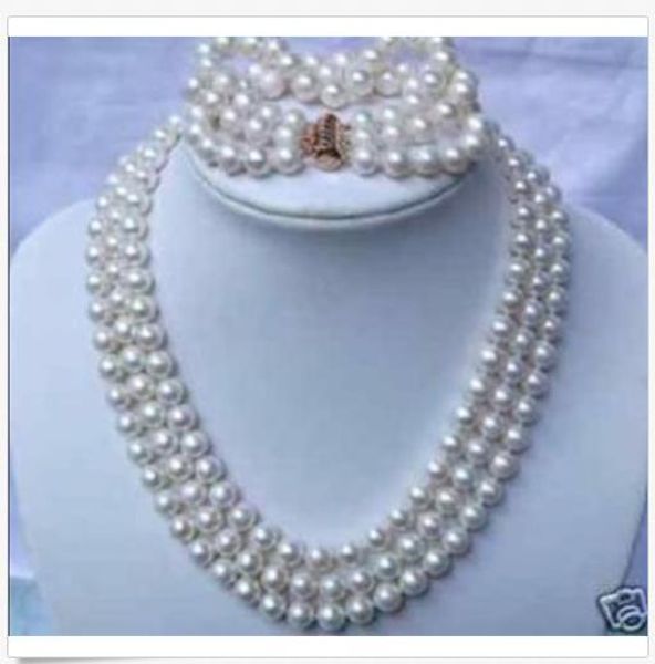 

triple strands aaa7-8mm south sea white pearl necklace 18" bracelet 8" 14k gold, Silver