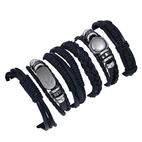 Braccialetti punk vintage 6 pezzi multistrato in vera pelle nera con strass fascino gioielli di moda braccialetto perline in lega braccialetti avvolgenti per donna uomo