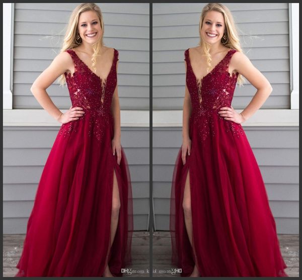 

deep v neckline split prom dresses long beaded lace appliques formal evening gowns women cocktail party ball dress, Black