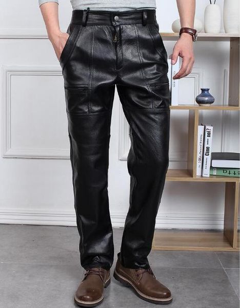 

кожаные брюки мужчины коровья кожа осень свободные, Black