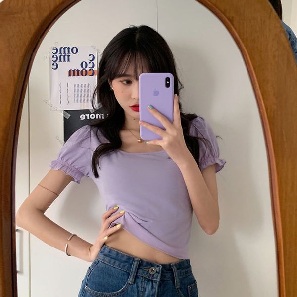 

tops women 2020 spring summer u-образным вырезом топы crop рубашки kawaii streewear короткий рукав женщин корейский стиль sexy tshirts xl, White