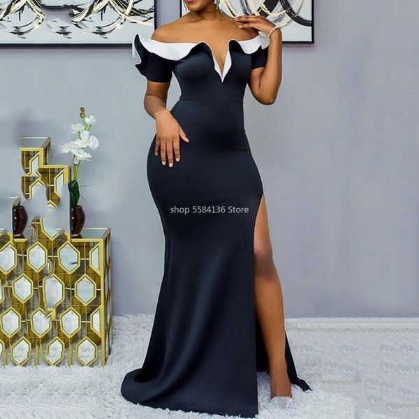 

split floor-length dress slash neck black elegant long maxi dresses 2020 party dinner christmas african female vestiods, Black;gray