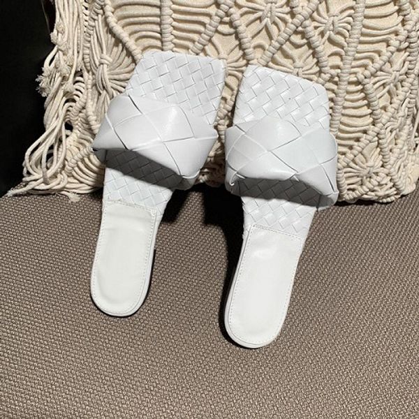 

wide sandals fashion woven nappa leather squared toe slipprs ladies summer outdoor beach causal lido flat sandals with box, Black