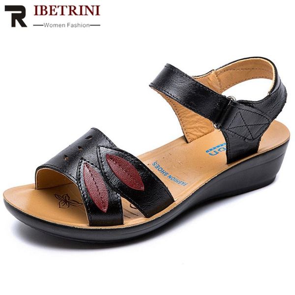 

ribetrini summer comfy casual flat shoes women elegant split leather sandals summer med wedges leisure sandals, Black