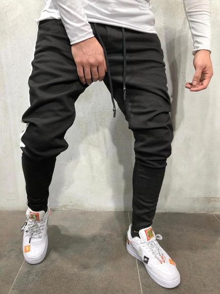 

mens side stripe skinny jeans hip hop streetwear slim cotton jeans men elasticity skinny, Blue