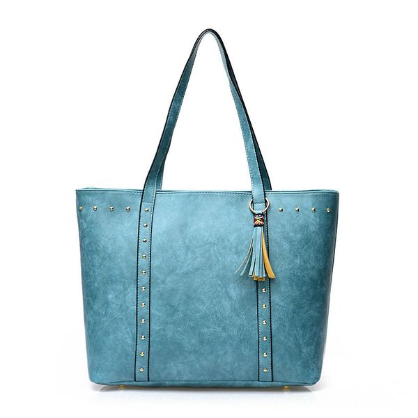 

2019 fashion handle bags women rivet tassel totes oil pu leather handbag female retro shoulder bag luxury ladies hand bag