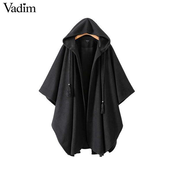 

vadim women winter warm hooded long woolen coat pockets tassel tie black outerwear solid female casual loose ca297, Black;brown