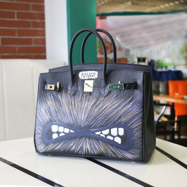 

2020 pu leather european america style graffiti painting women lock 35cm handbag big month painting bag
