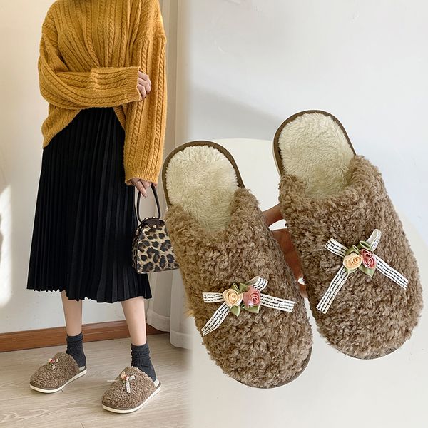 

flat shoes female plush slippers for adults slides cover toe butterfly-knot slipers women fashion flock low winter footwear fur, Black