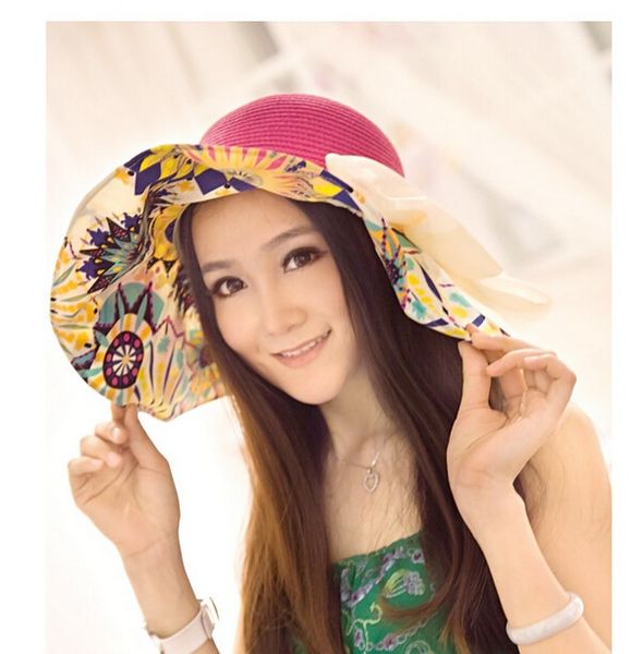 

50pcs/lot fedex fast korean style woman large brim floral sun hat straw big hat casual beach bow sun, Blue;gray
