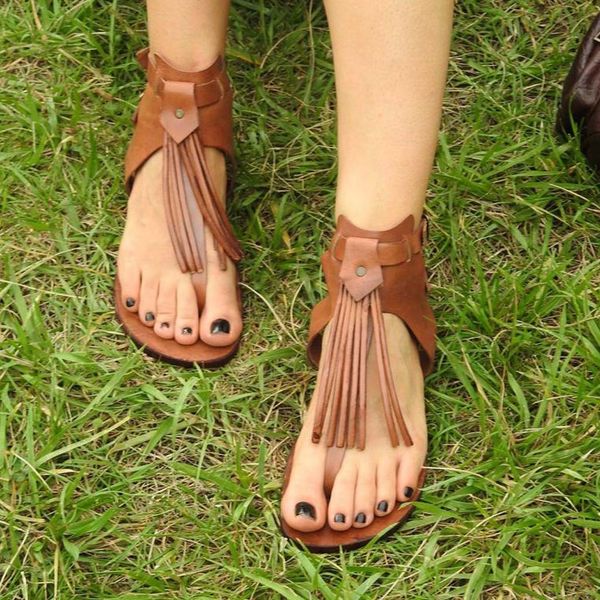 

roman style leather tassels sandals summer women's ankle double buckle beach shoes open toe gladiator sandals flip flops loafer, Black