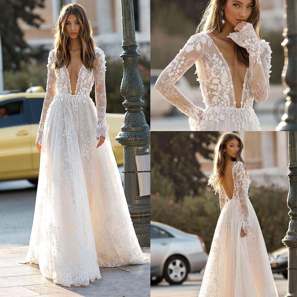 

modest long sleeves beach boho wedding dresses deep v neck a line lace wedding dresses bridal gowns vestidos de noiva, White