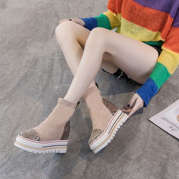 

womenshoes autumn and winter thick bottom increased women's boots stitching fashion boots british slip-on women shoes wome, Black