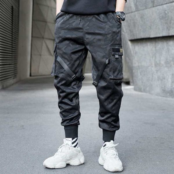 

men ribbons color block camouflage pocket cargo pants gzk harem joggers harajuku sweatpant hip hop trousers k13gd4b, Black