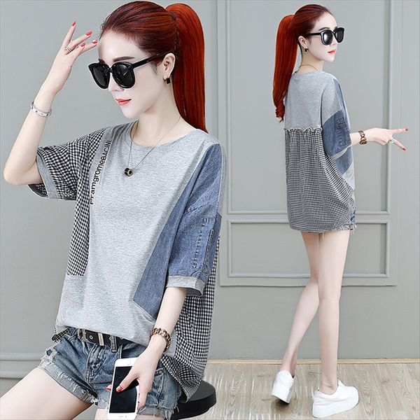 

2020 summer short jeans coat jeans women's loose cotton short-sleeved t-shirt women's small shirt black and white plaid short coat