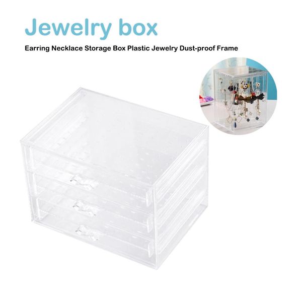 

earring box transparent finishing earrings necklace storage cosmetic bracelet storage box plastic jewelry dustproof rack, Pink;blue