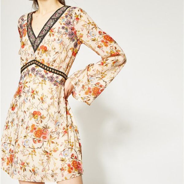 

women long flare sleeve spring summer dress flower printed v neck holiday mini dresses robe, Black;gray