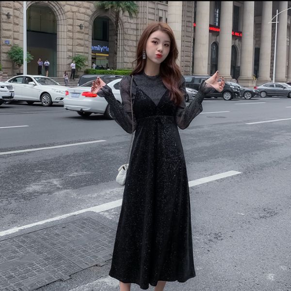 

2019 dress spring new halter skirt two-piece slim dress a generation of hair women, Black;gray