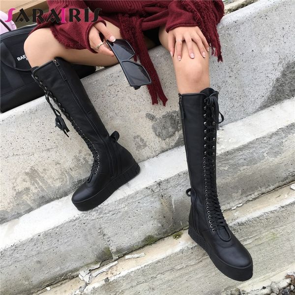 

sarairis brand new women's genuine leather height increasing metal decoration platform shoes woman casual party mid calf boots, Black