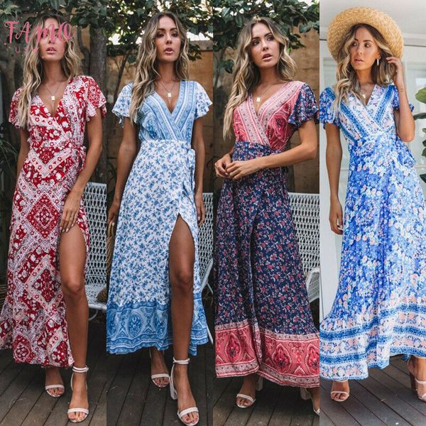 

new fashion women boho floral short sleeve high waist midi dress summer v neck beach holiday sundress, Black;gray