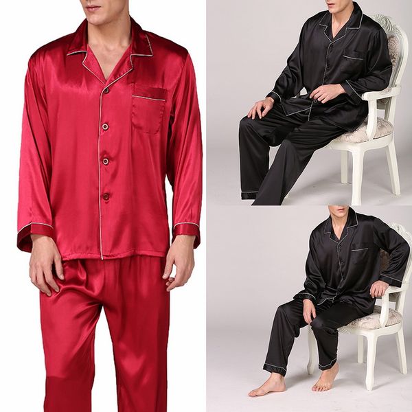 

new men's set stain silk shirts pants soft long sleeve sleepwear modern style brand black red spring autumn, Gray