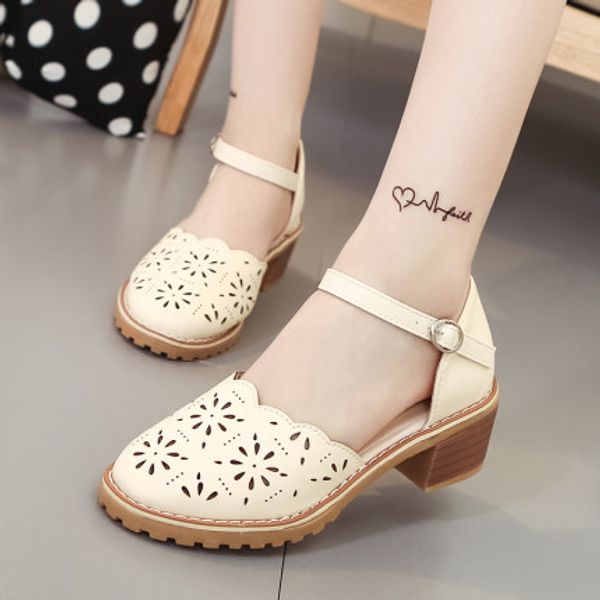 

2020 new sandals hollow shallow sandals baotou thick heel middle heel england retro mary jane shoes women, Black