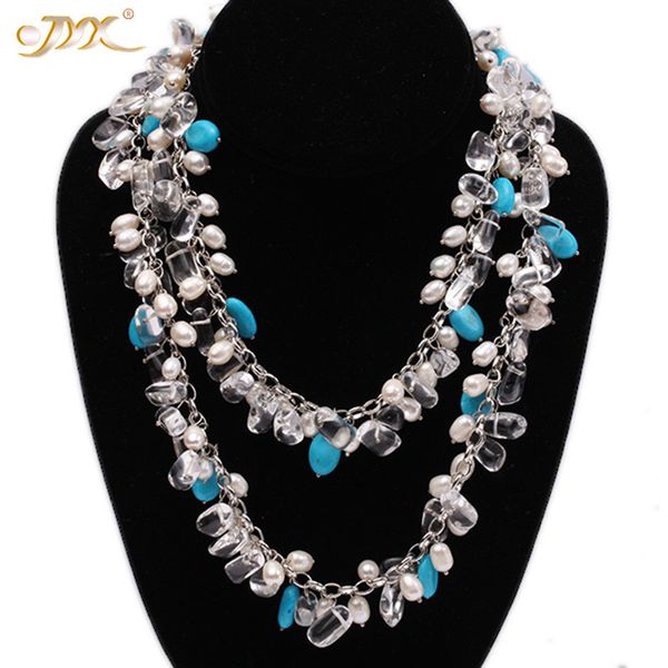 

jyx 618 classic design blue turquoise necklace with crystal pearls chain 6*7-10*14mm elegant 38" gift, Silver