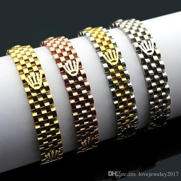 

luxury gold crown watchband bracelet stainless steel rose gold silver watch chain adjustable strap bijoux for women and men fine jewelry, Golden;silver