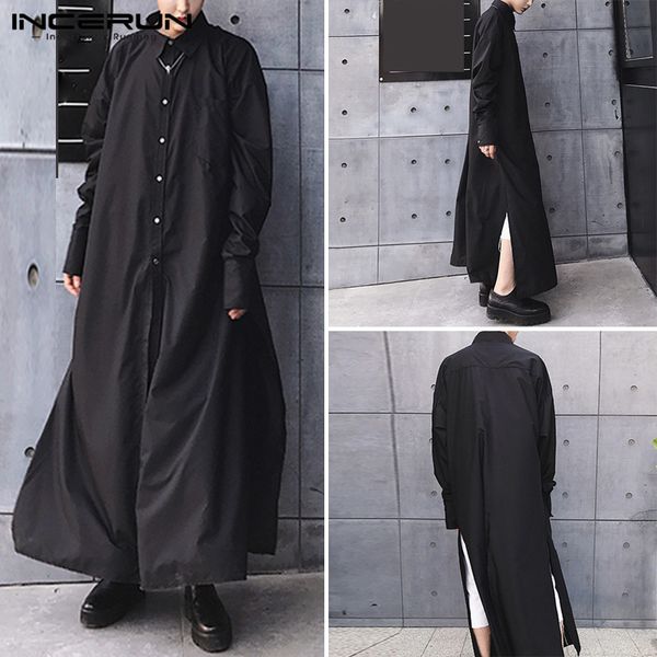 

men's casual shirts 2021 long shirt fashion streetwear robes loose solid color sleeve vintage dress 5xl, White;black