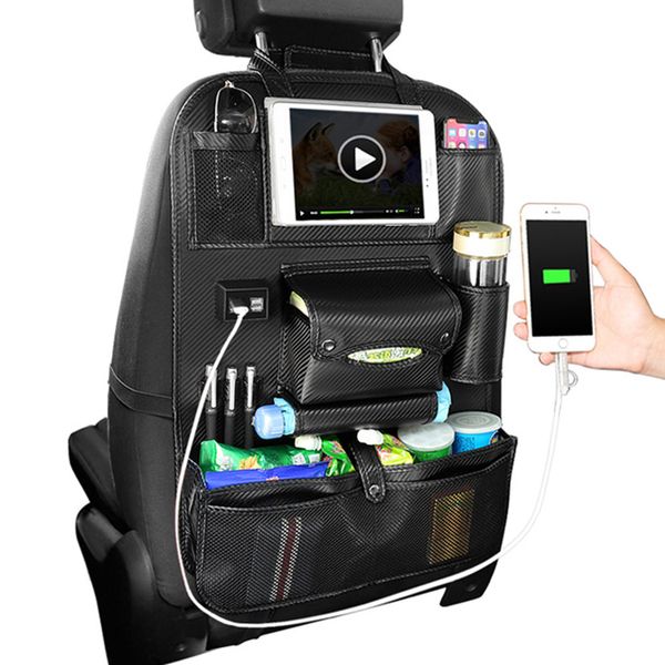 

4 usb charge universal pu leather quality car seat back storage bag foldable organizer multi pockets tablets holder for