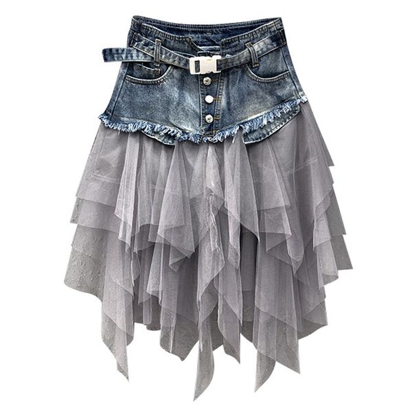 

skirts summer mini tutu tulle skirt gothic punk women high waist irregular denim club party mesh patchwork short jeans, Black