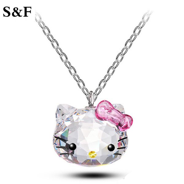

2019 korea cc anime necklace pink crystal necklace cute cat hello kitty pendants necklaces fashion cat jewelry for women gift, Silver