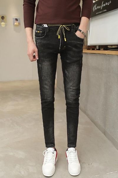 

2019 new autumn and winter korean version of the trend of men's slim denim trousers youth fashion feet simple slim pants, Blue