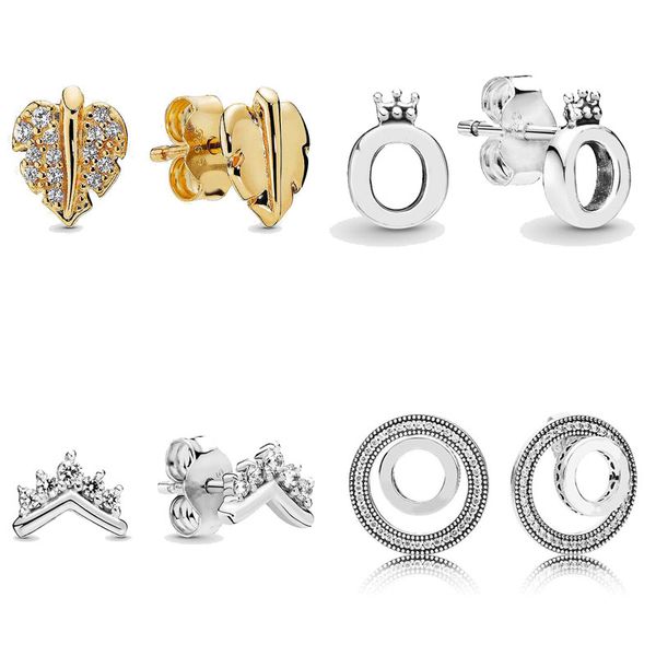 

golden shine leaf polished crown o circle signature earring 925 sterling silver earring studs for women wedding gift diy jewelry, Golden;silver